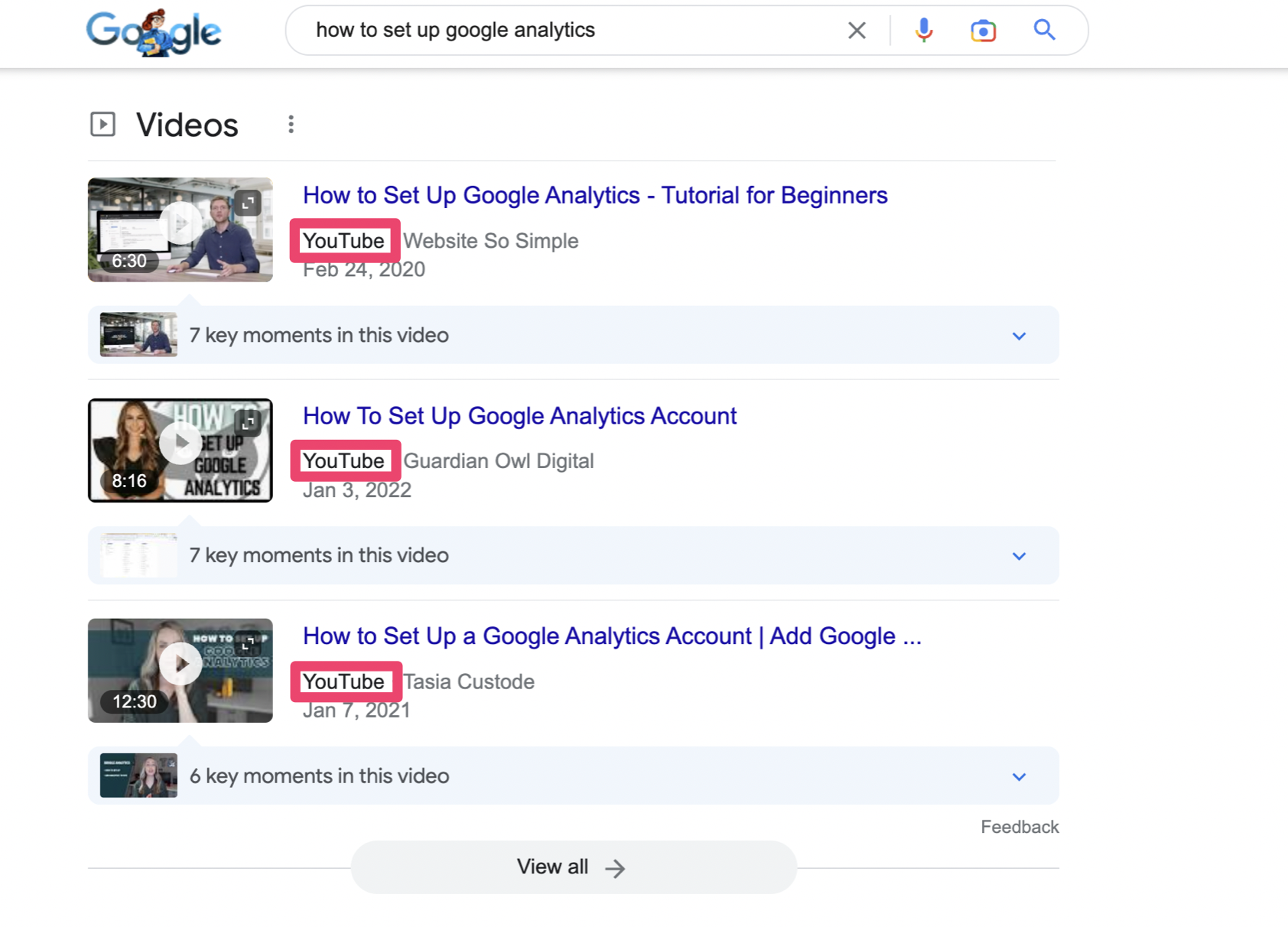 Video results in an organic Google search